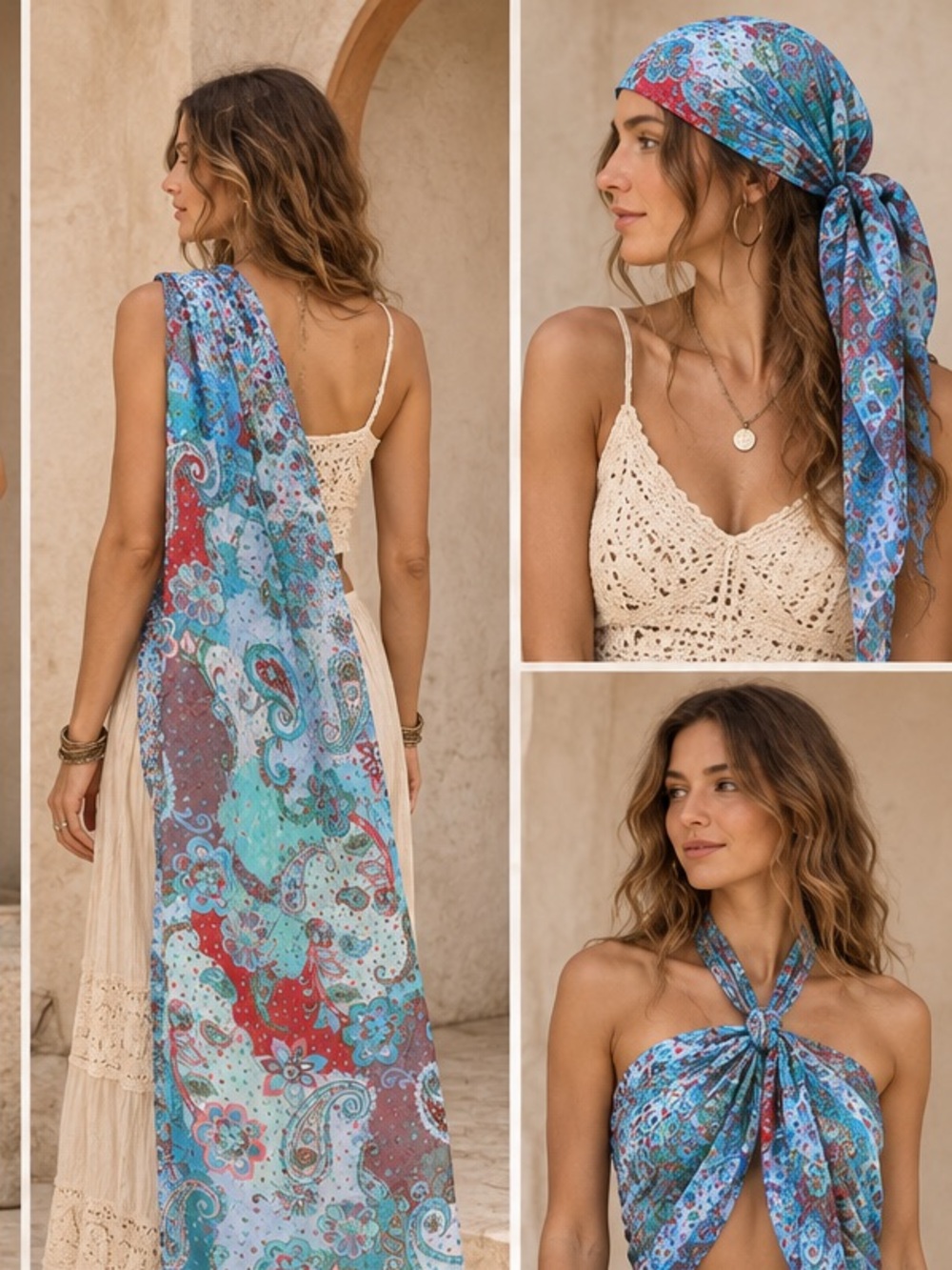 Silk Paisley Floral Scarf Wrap Turquoise Red Boho Lightweight 67” x 25”